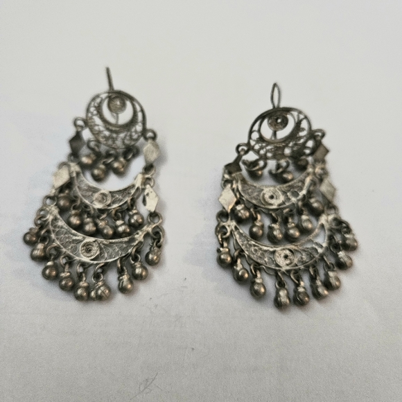 Vintage Handcrafted Intricate Ethnic Design Elegant Silver Chandelier Earrings - Picture 3 of 11